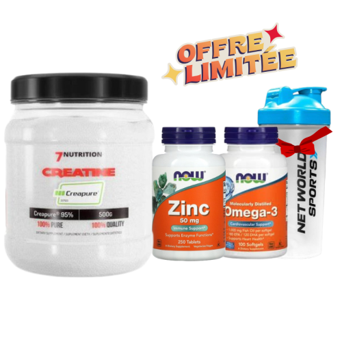 pack – Creatine 7nutrition Creapure 500G – Omega 3 Now 100Tab – Zinc Now 250Tab – SHEKER