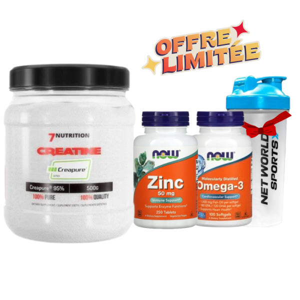 pack - Creatine 7nutrition Creapure 500G - Omega 3 Now 100Tab - Zinc Now 250Tab - SHEKER