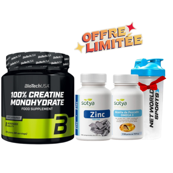 PACK - Creatine BIOTECHUSA 300G - Omega3  Sotya 100Tab - Zinc Sotya 100Tab - Sheker